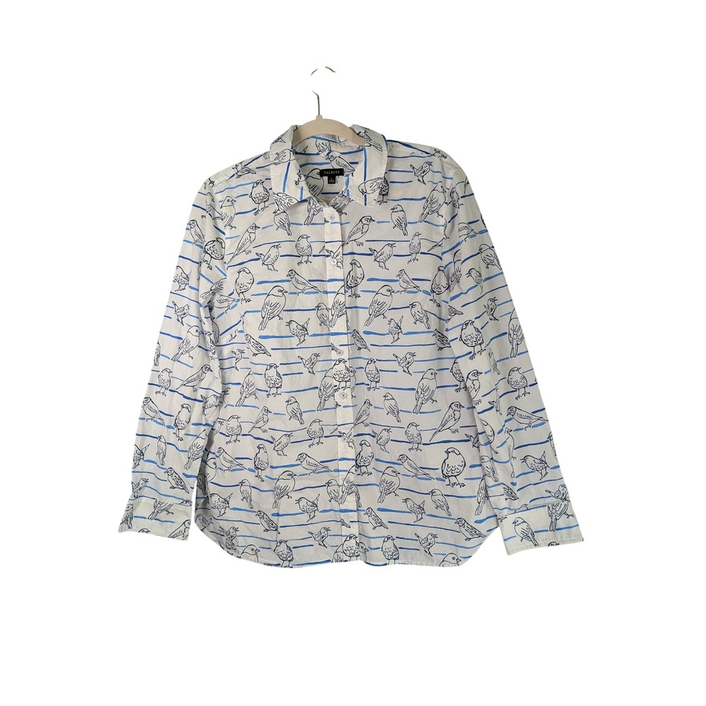 Talbots Shirt Womens L Blue White Bird Stripe Cotton Button Down